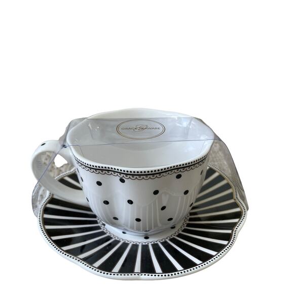 GRACE TEAWARE Black & White Striped Polka Dots Teacup and Saucer Set of 2 New - Picture 14 of 16